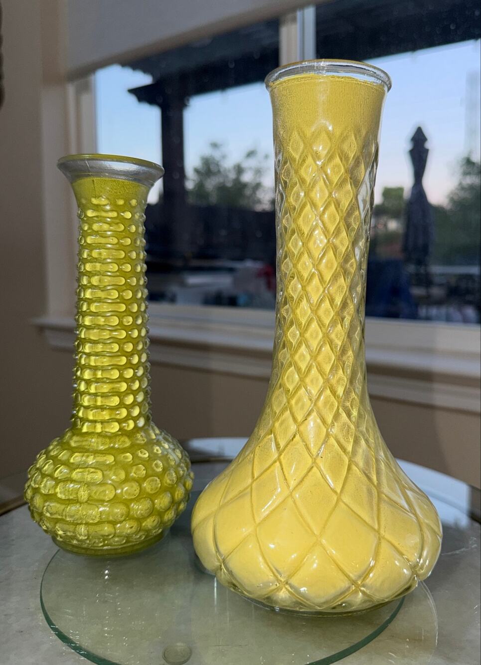 Vintage Yellow & Green Glass Bud Vases E.O. Brody MCM Textured Pair